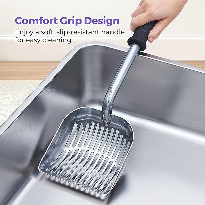 iPrimio Monster Metal Cat Litter Scoop with 17-Inch Long Handle - Extra Large Deep Shovel with Rounded Corners for Extended Reach and Soft Ergonomic Grip for Effortless Cleaning