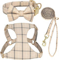 Beirui Cute Small Dog Harness Collar and Leash Set with Bowtie, Soft Adjustable Plaid Puppy Harness for Small Sized Dogs Cats Walks Parties and Photoshoots(Beige,S:Chest 17-23")