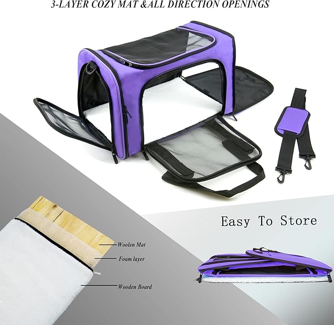 Soft Sided Carrier for Small Medium Cats Dogs,TSA Airline Approved Collapsible Travel Pet Carrier Medium Purple