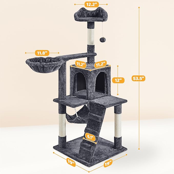 Yaheetech 54in Cat Tree, Multi-Level Cat Tower with Scratching Posts, Spacious Condo and Hammock, Ideal Activity Center for Indoor Kittens, Dark Gray