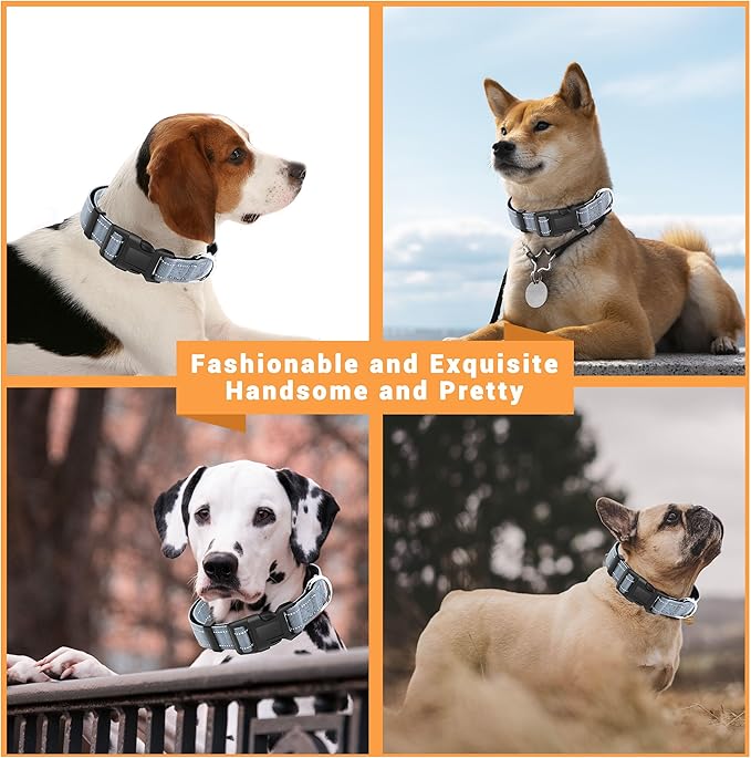 2 Pack Reflective Dog Collar with Safety Locking Buckle, Adjustable Soft Breathable Comfortable Nylon Pet Collar for Small, Medium and Large Dogs, Gray, S