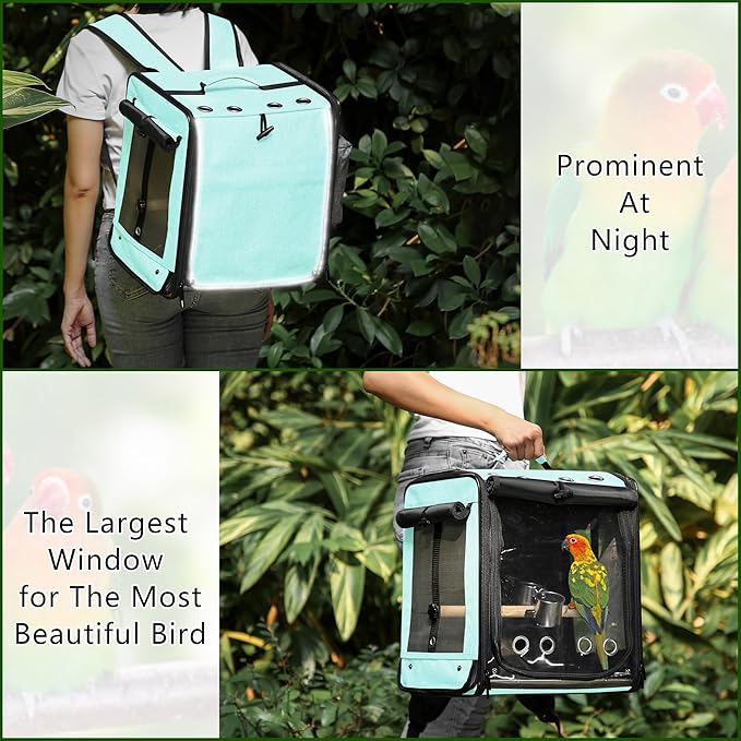 Suertree Bird Carrier with Seat Belt for Car Travel, Bird Backpack Carrier with Indestructible Stainless Steel Mesh, Large Bird Carrier Travel Cage, Green