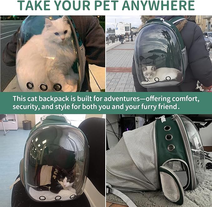Cat Backpack Carrier, Back Expandable Pet Backpack with Bubble Window, Airline Approved Pet Travel Bag for Small/Medium Cats & Puppies, Hiking, Camping, Outdoor Use (Green)