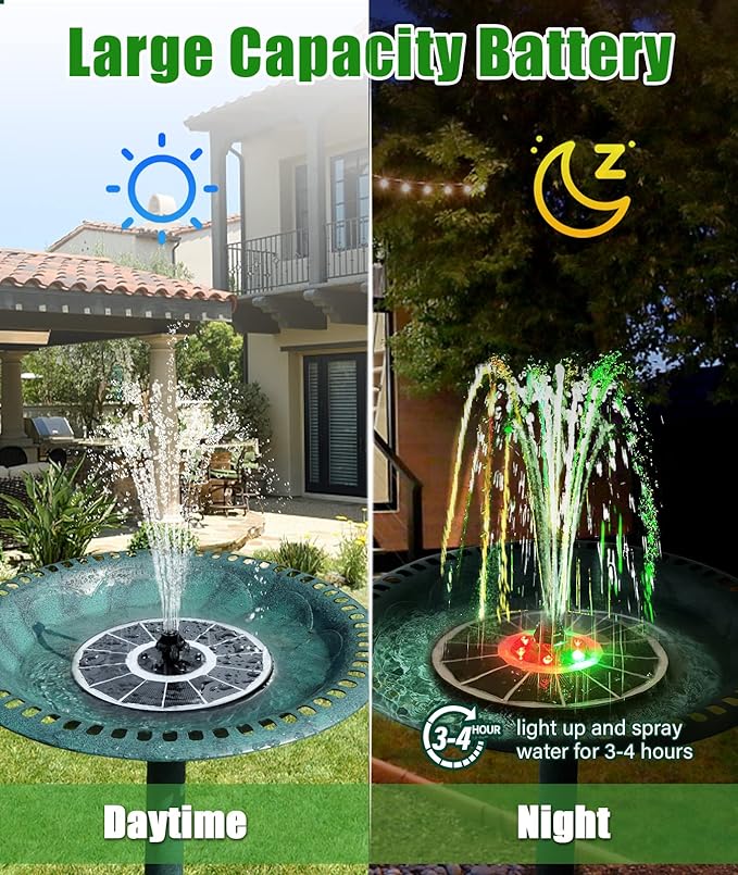SZMP Solar Fountain Upgraded 100% Glass Panel, 3.5W Solar Powered Water Pump Built-in 2000 Battery with 7 Nozzle & 4 Fixer, Solar Bird Bath Fountain for Garden, Pool, Outdoor (Colorful)
