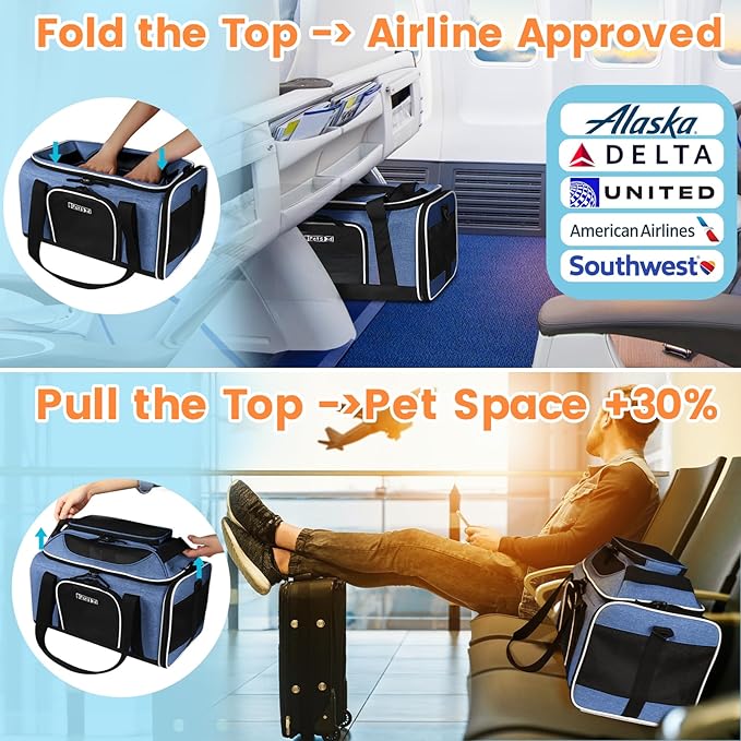 Petskd Top-Expandable Pet Carrier 17x11x9.5 Inches Alaska Airline Approved, Soft-Sided Carrier for Small Cats and Dogs with Locking Safety Zippers and Anti-Scratch Mesh(Blue)