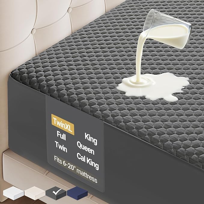OhGeni 100% Waterproof Mattress Protector, Twin XL-Gray Size Mattress Pad, Fits 6"-20" Mattresses with Deep Pocket, Cooling, Breathable Fitted Sheets, Soft Bed Cover, Noiseless, Machine Washable