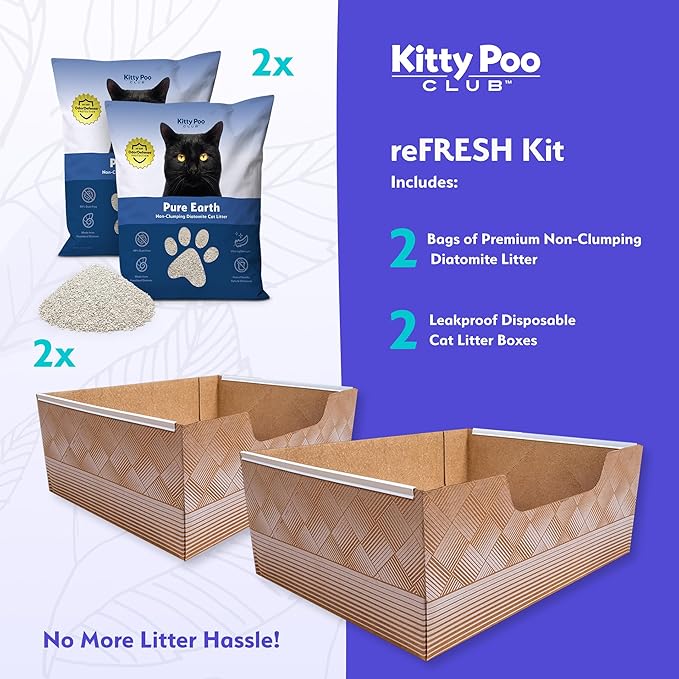 Kitty Poo Club Leakproof Disposable 2-Pack Cat Litter Box with 2 Bags Diatomite Litter | Superior Odor Control & Recyclable Design | Perfect for Travel, Multi-Cat Homes & Daily Use