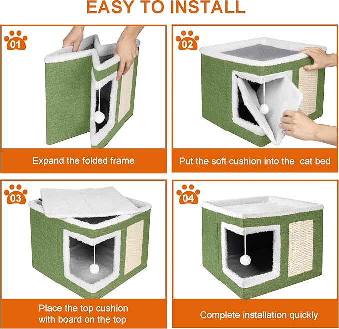 Cat Houses for Indoor Cats - Large Cat Bed Cave with Scratch Pad and Fluffy Ball, Foldable Cat Condo Hideaway with Reversible Cushion for Multi Small Pet, Green