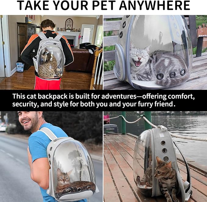 Cat Backpack Carrier, Back Expandable Pet Backpack with Bubble Window, Airline Approved Pet Travel Bag for Small/Medium Cats & Puppies, Hiking, Camping, Outdoor Use (Grey)