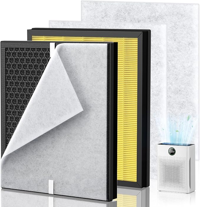 PR1 Replacement Filter for Mooka PR1 Air Purifier for Home Large Room up to 2200sq.ft, 2 Pack 3-in-1 HEPA Activated Carbon, with 4Pcs Washable Filter for Pets, PM 2.5, Yellow