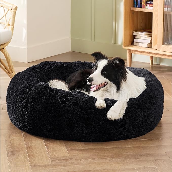 Bedsure Calming Dog Bed for Large Dogs - Donut Washable Large Pet Bed, 36 inches Anti-Slip Round Fluffy Plush Faux Fur Dog Bed, Fits up to 80 lbs Pets, Black