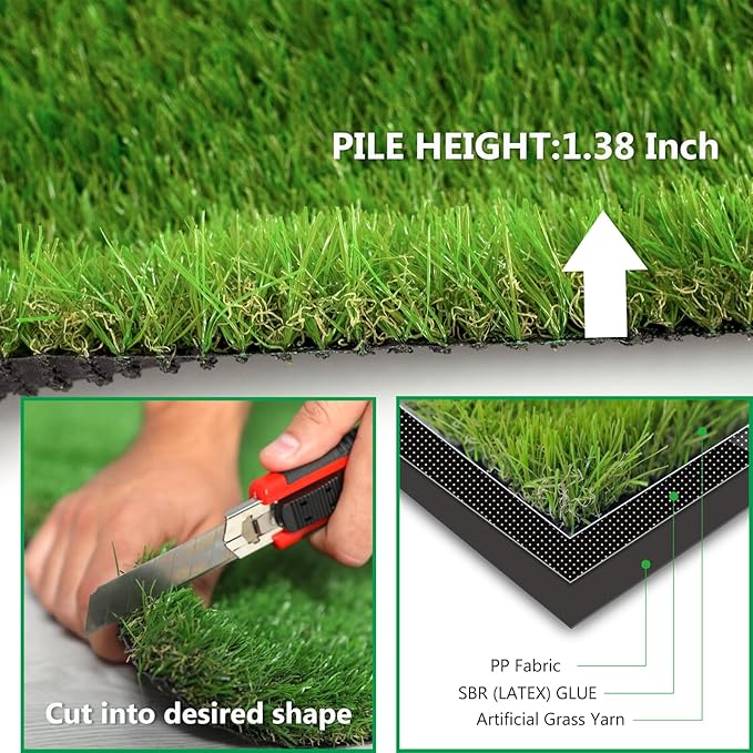 Artificial Grass Rug Outdoor Indoor 13FTX36FT Fake Grass Carpet Green Synthetic Grass Pet Turf Realistic Faux Grass Rug with Drain Holes for Garden Lawn Landscape Balcony Home Decor Patio