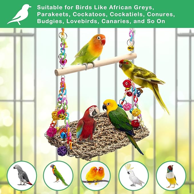 Bird Swing Mat with Wood Perch, AHIER Seagrass Bird Hammock for Conures with Chewing Toy for Parakeets, Budgie, Cockatiel, Lovebird Cage Accessories