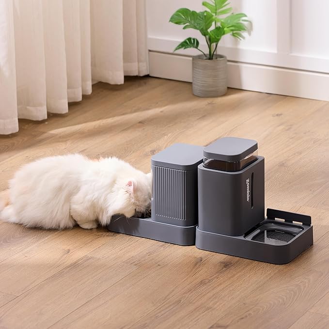 Gravity Cat Feeder and Water Dispenser, 2 in 1 Automatic Cat Feeder with 180 Degree Rotatable, 2 Pack Large Capacity Self Feeding for Small Medium Dog Puppy Kitten, Grey, 0.8 Gallon x 2