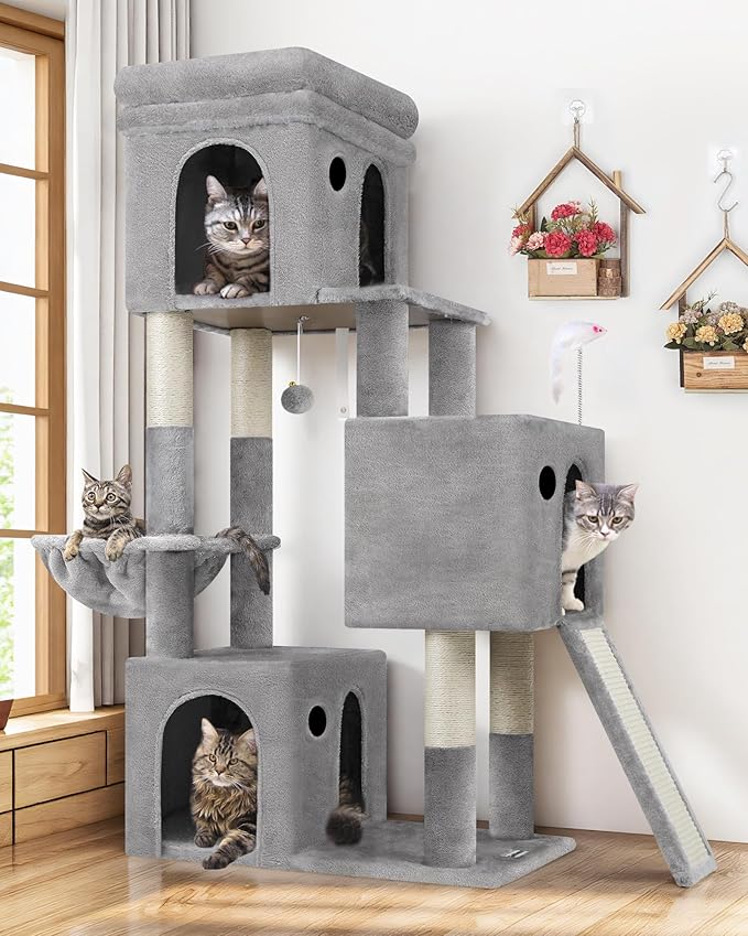 Globlazer Cat Tower for Multiple Indoor Cats, 52 inch Heavy Duty Cat Tree with 3 Condos, Plush Cat Condo with Scratch Posts and Pad for Adult Cats Kitten, Padded Perch, Basket Bed, F52B, Light Grey
