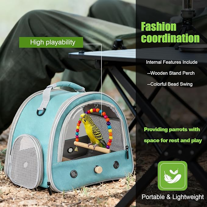 Portable Parrot Travel Cage Carrier with Small Swing Toy&Cage Colorful Toys Set Small Bird Parakeet Bag with Standing Perch Bird Carry Transport Bag (Green, Carreir/Swing)