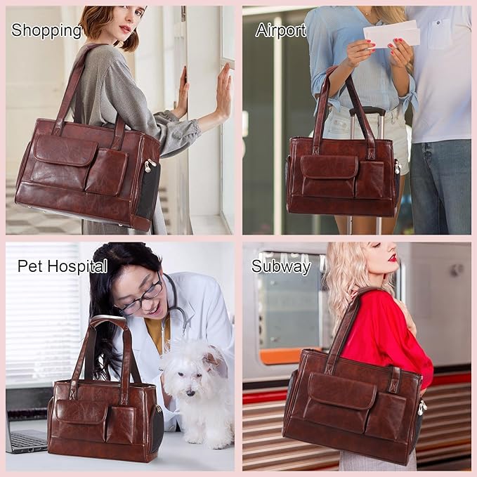 Dog Carrier Purse, Fashion Leather Pet Carrier Bag, Airline Approved Soft Sided Cat Travel Tote Bag with Pockets Coffee
