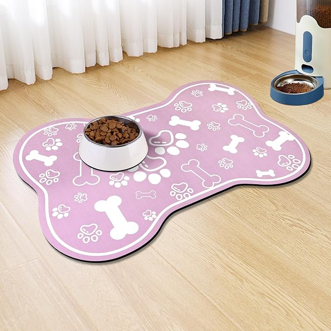 Dog Cat Mat for Food and Water,Rapid Absorbent Pet Feeding Mat, Bone Shaped Dog Placemat Bowl Mat with Rubber Backing,No Stains Pet Food Mats Indoor, Pet Accessories Supplies,Pink 17"×29"