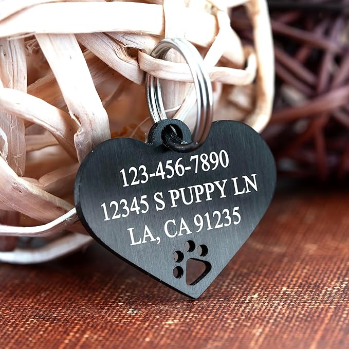 Ultra Joys Dog Tags Personalized for Pets - Hollow Paw Custom Pet ID Tag - Engraved Dog Tag for Small, Large Dogs - Small Heart in Black
