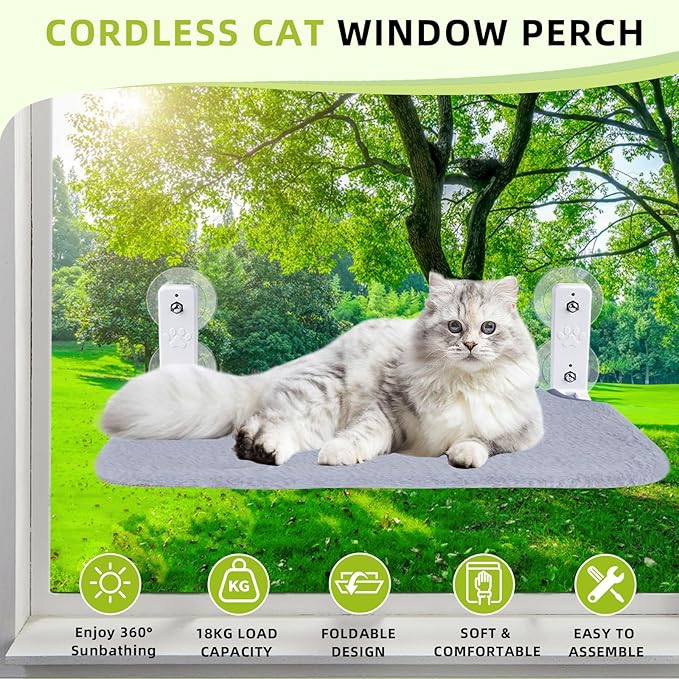 2PC Cat Window Perch, Foldable Cat Window Hammock Sunbathing and Climbing Cats Hammock for Window Bed Bearing 40 Pounds Window Perch for Cats Inside (Light Gray,2 Pack)