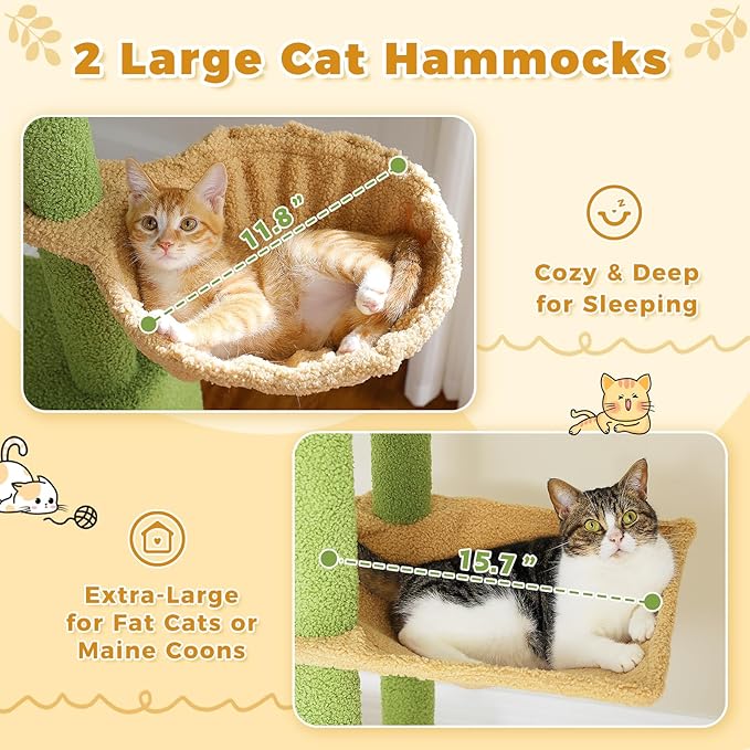 PETEPELA Floor to Ceiling Cat Tree, Adjustable 90.5''-100.4'' Cat Tower Cactus Climbing Tree with Scratching Posts, Spacious Condo and Large Hammock for Indoor Cats Large Adult, Green
