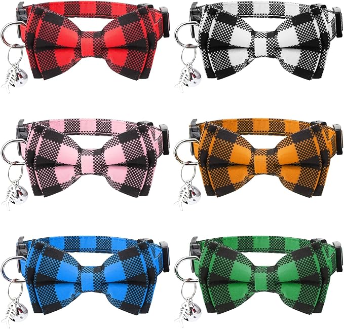 6 Pack Breakaway Cat Collars with Bow Tie and Bell Classic Plaid Kitten Cat Collars Adjustable Cat Bowtie Collar with Pendants for Girl Boy Kitten Cats