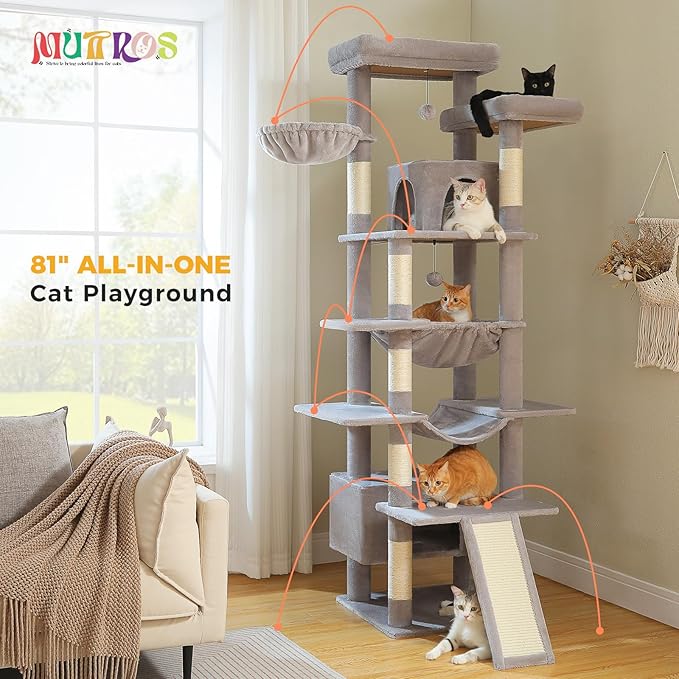 81" Heavy Duty Cat Tree for Large Cats up to 20lbs - Extra Tall Cat Tower with Metal Frame Hammock, 6 Sisal Scratching Posts, 2 Perches - Indoor Cat Furniture for Maine Coon, Big Cats, Gray