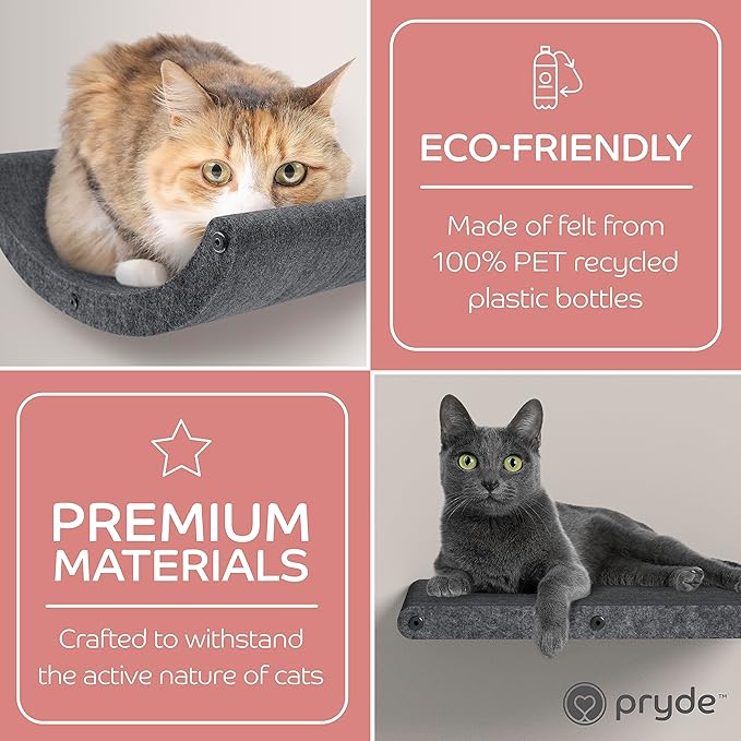 Wall Mounted Cat Steps Short Shelves (2) by Pryde Pets - Stairs for Walkways, 100% Sustainable PET Felt Feline Enrichment Climber Furniture for Indoor Cats, Modern Climbing Gym Design (Charcoal)