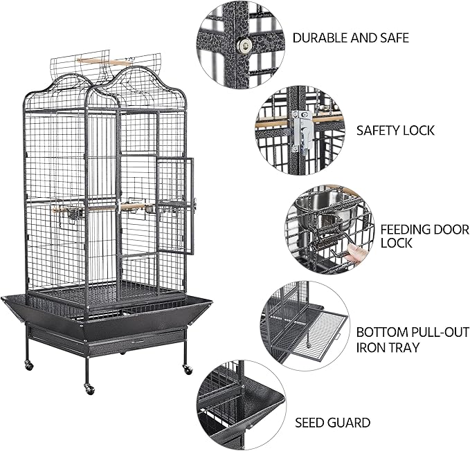 Yaheetech Extra Large Bird Cage 63'' Open Play Top Bird Cage for African Grey Parrots/Amazon Parrot/Caiques/Macaw with 360° Wheels