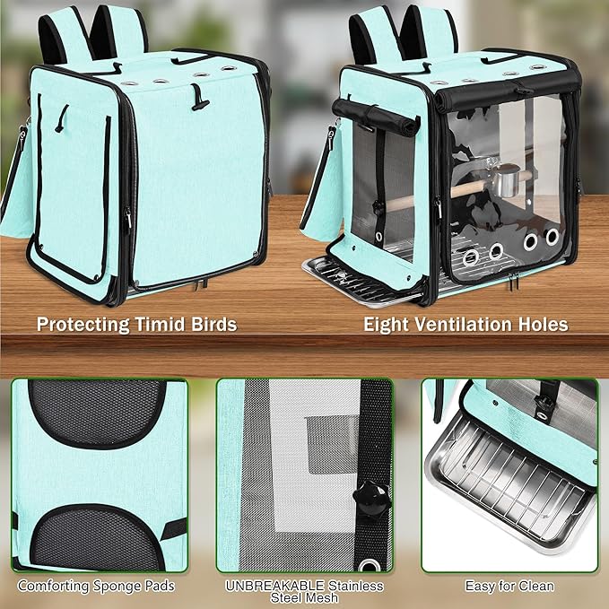 Suertree Bird Carrier with Seat Belt for Car Travel, Bird Backpack Carrier with Indestructible Stainless Steel Mesh, Large Bird Carrier Travel Cage, Green