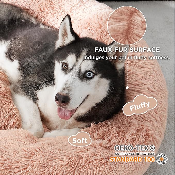 Bedsure Calming Dog Bed for Large Dogs - Donut Washable Large Pet Bed, 36 inches Anti-Slip Round Fluffy Plush Faux Fur Dog Bed, Fits up to 80 lbs Pets, Pink