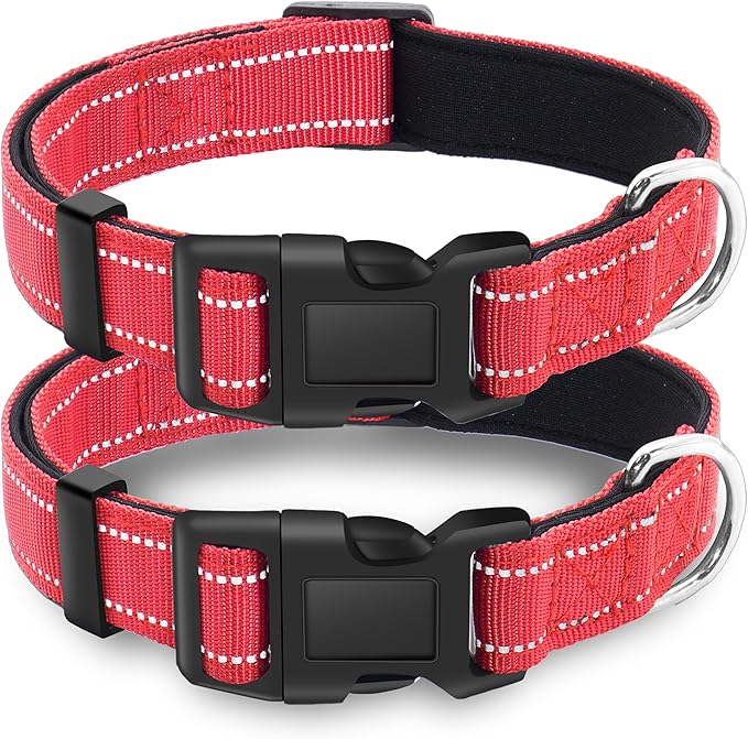 2 Pack Reflective Dog Collar with Safety Locking Buckle, Adjustable Soft Breathable Comfortable Nylon Pet Collar for Small, Medium and Large Dogs, Red, XS