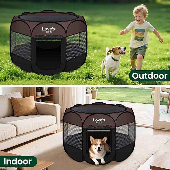 Love's cabin Pet Puppy Dog Playpen, Medium Dog Tent Crates Cage Indoor/Outdoor, Portable Playpen for Cat, Foldable Pop Up Dog Kennel Playpen with Carring Case, Removable Zipper Top, Brown