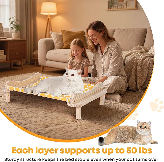 Elevated Wooden Cat Bed – 24"x15.7"x5.9" Breathable Hammock Pet Bed for Indoor/Outdoor Use, Raised Dog Lounger for Small Pets Like Kittens, Puppies, Rabbits, and Bunnies(White-1)
