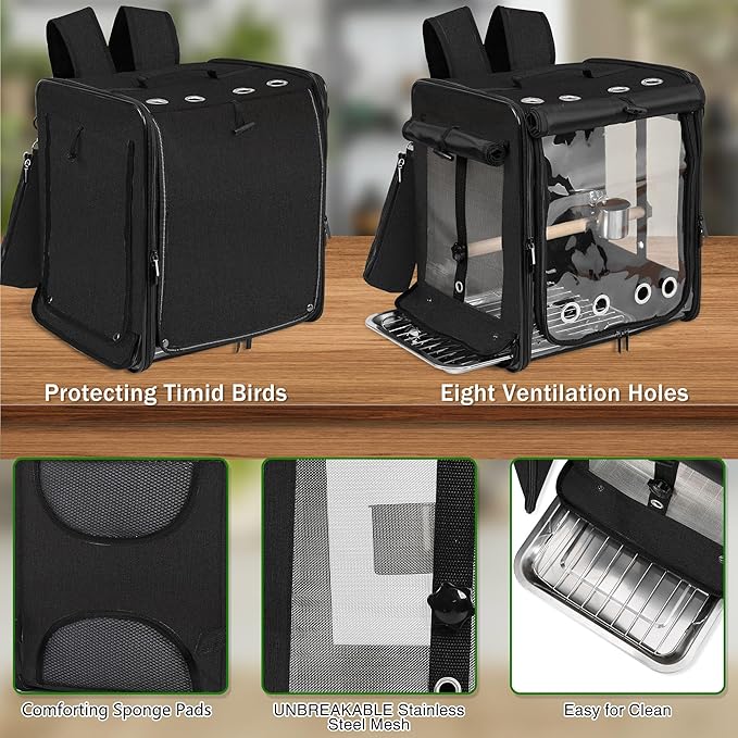 Suertree Bird Carrier with Seat Belt for Car Travel, Bird Backpack Carrier with Indestructible Stainless Steel Mesh, Large Bird Carrier Travel Cage, Black