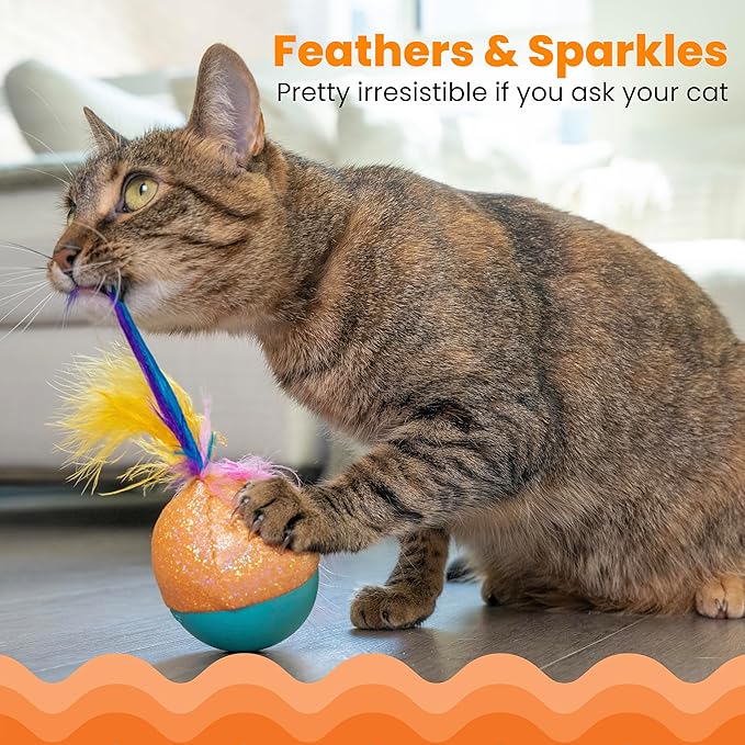 Catstages Whack N' Wobble Ball Intearctive Cat Toy, Weighted Ball with Feathers, Bell, Glitter Fabric & Catnip Oil, Turquoise