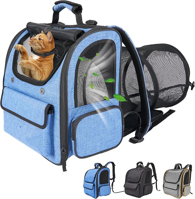 Large Cat Carrier with Tunnel Extension, Portable Small Dog Backpack with Ventilated Mesh Windows, Anti-Scratch Fabric, Luggage Strap and Chest Buckle for Travel, Hiking, Camping,Gray Blue