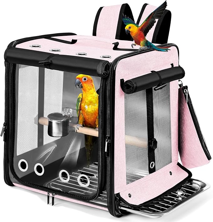 Suertree Bird Carrier with Seat Belt for Car Travel, Bird Backpack Carrier with Indestructible Stainless Steel Mesh, Large Bird Carrier Travel Cage, Pink