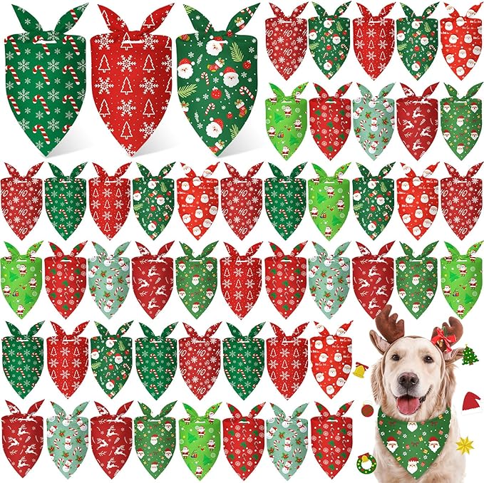 Weewooday 50 Pcs Christmas Bandanas for Dogs Xmas Bandanas Bulk with Santa Snowflake Candy Cane Soft Bibs Adjustable Triangle Doggie Scarf for Small Medium Large Pet (31.5 x 21.7 x 21.7 Inch)