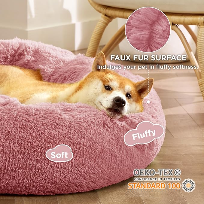 Bedsure Calming Dog Bed for Medium Dogs - Donut Washable Medium Pet Bed, 30 inches Anti-Slip Round Fluffy Plush Faux Fur Cat Bed, Fits up to 45 lbs Pets, Mauve Blush