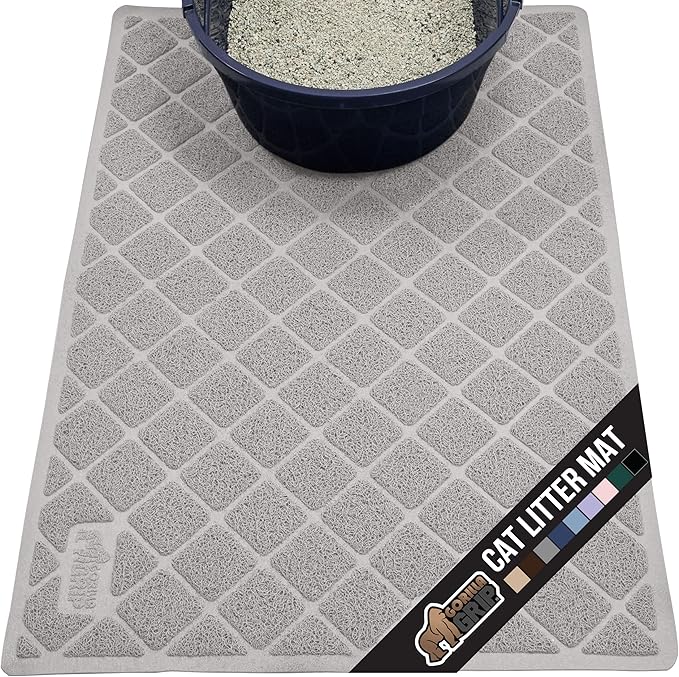 GORILLA GRIP Cat Litter Box Mat, 40x28, Water Resistant, US Designed Kitty Litter Trapping Mats, Easy to Clean, Scatter Control, Less Mess and Clean Floors, Kitten Supplies for Indoor Cats, Light Gray