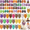 Sanwuta 50 Pcs Halloween Dog Bandanas and Collar Bow Ties Set 25 Bandanas Bulk 25 Charm Dog Collar Pet Pumpkin Triangle Pet Scarf Bowtie for Small Medium Large