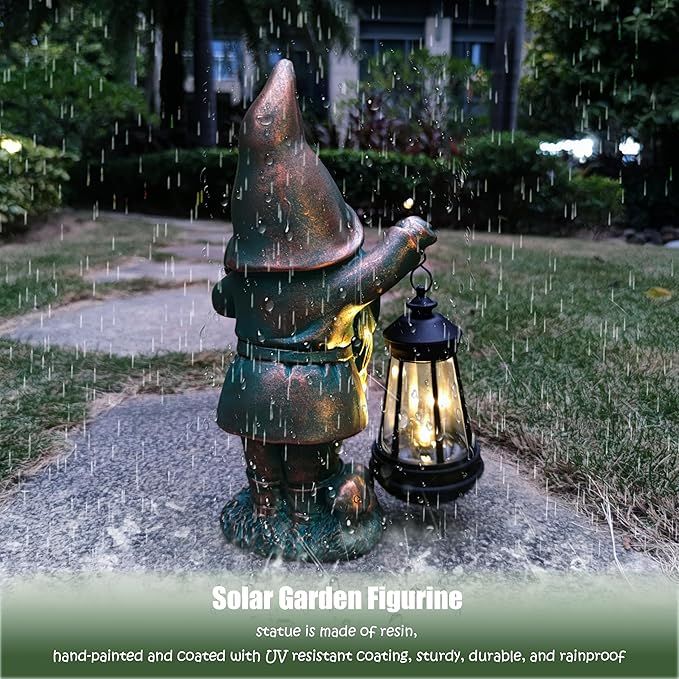 Gnomes Garden Statue Outdoor Décor with Solar Lights Lantern,Gnome Solar Light Figurines Outside Decorations for Yard，Lawn Patio, Balcony, Unique Housewarming Gifts