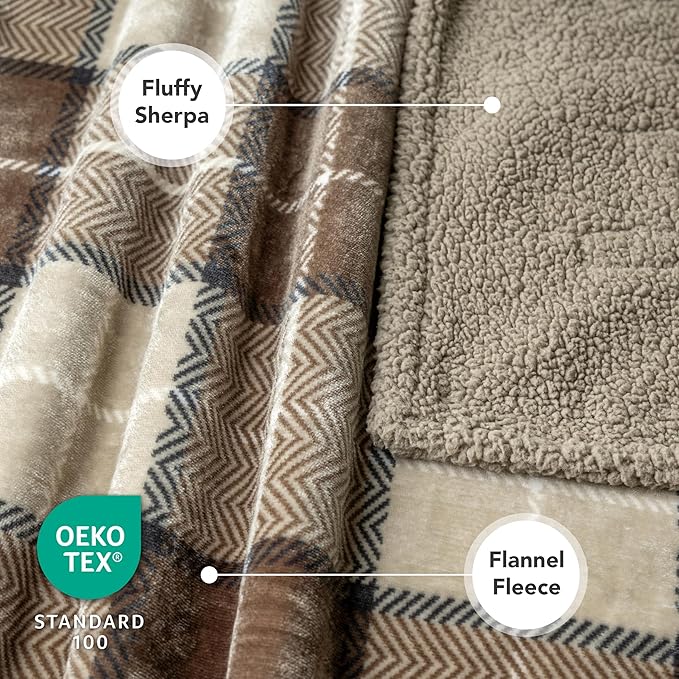 PetAmi Waterproof Dog Blanket for Medium Large XL Dog Puppy Cat Throw for Couch Cover Leakproof Protection, Sherpa Fleece, Reversible Soft Washable 80x60 Plaid Taupe
