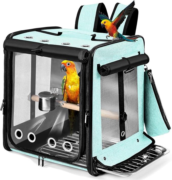 Suertree Bird Carrier with Seat Belt for Car Travel, Bird Backpack Carrier with Indestructible Stainless Steel Mesh, Large Bird Carrier Travel Cage, Green