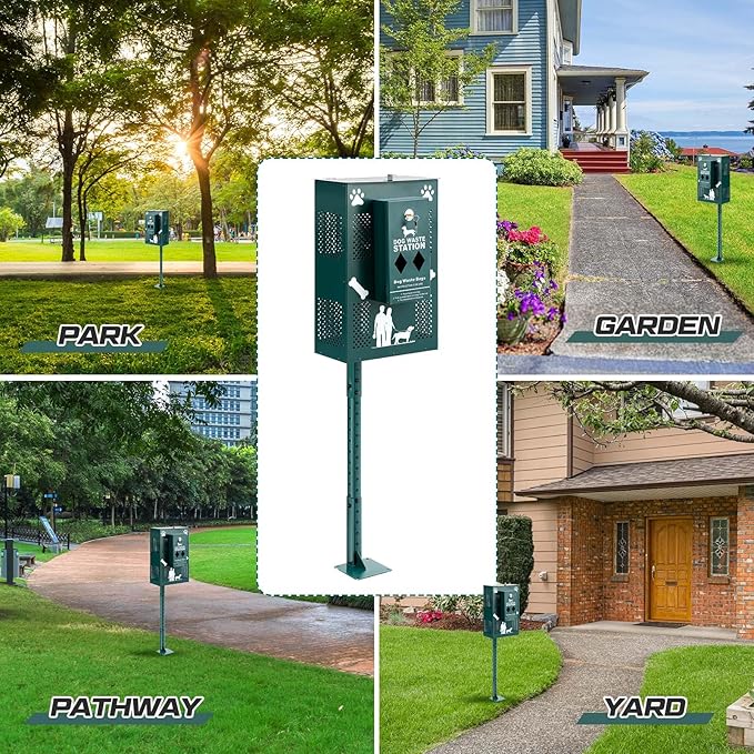 Abbylike Compact Dog Waste Station Outdoor - Pet Poop Waste Bag Dispenser & Litter Bin Combo, Pet Trash Bin Height Adjustable with Reflective Sign for Backyard Commercial Park Trail Yard