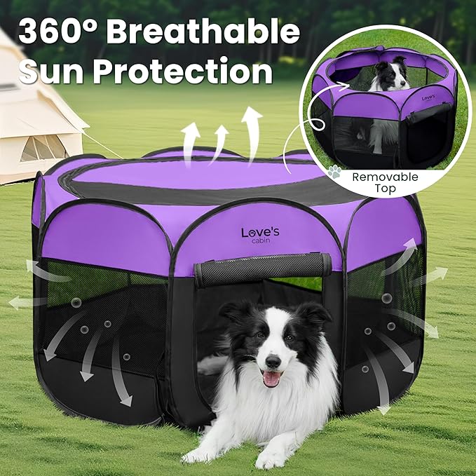 Love's cabin Pet Puppy Dog Playpen, Large Dog Tent Crates Cage Indoor/Outdoor, Portable Playpen for Cat, Foldable Pop Up Dog Kennel Playpen with Carring Case, Removable Zipper Top, Purple