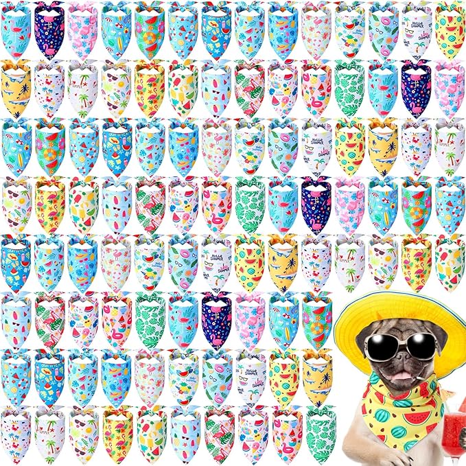Sweetude 100 Pieces Hawaiian Dog Bandanas Bulk,Summer Bandanas for Dogs Fruit Flamingo Palm Leaves Pattern Pet Triangle Scarf Puppy Kerchief Bibs for Medium Small Pets Summer Costume Accessories
