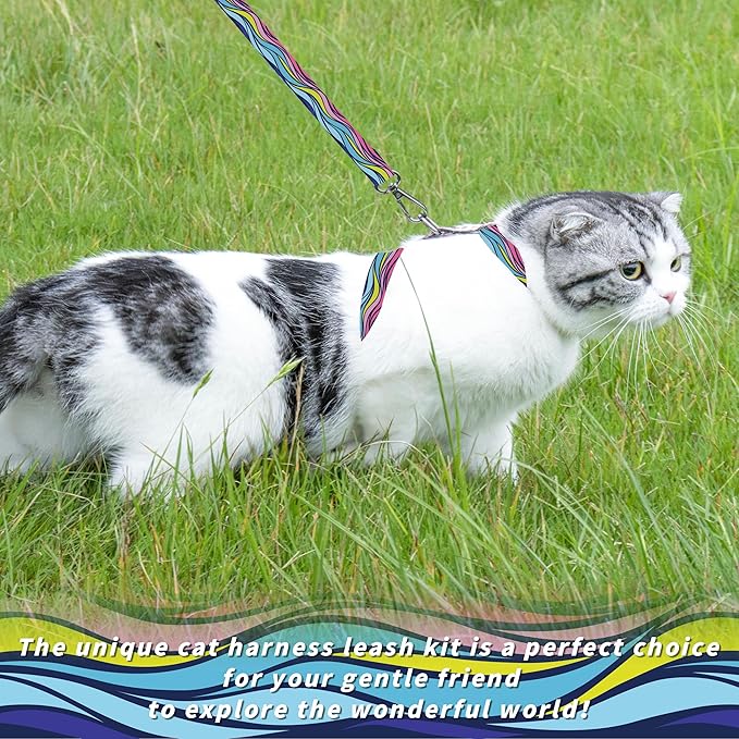Cat Harness and Leash Set, Adjustable Kitten Harness Escape Proof Cats Harness, Soft Lightweight Walking Travel Pet Harness, Cute Kitty Harness Leash Set for Small Medium Cats, Colourful Waves