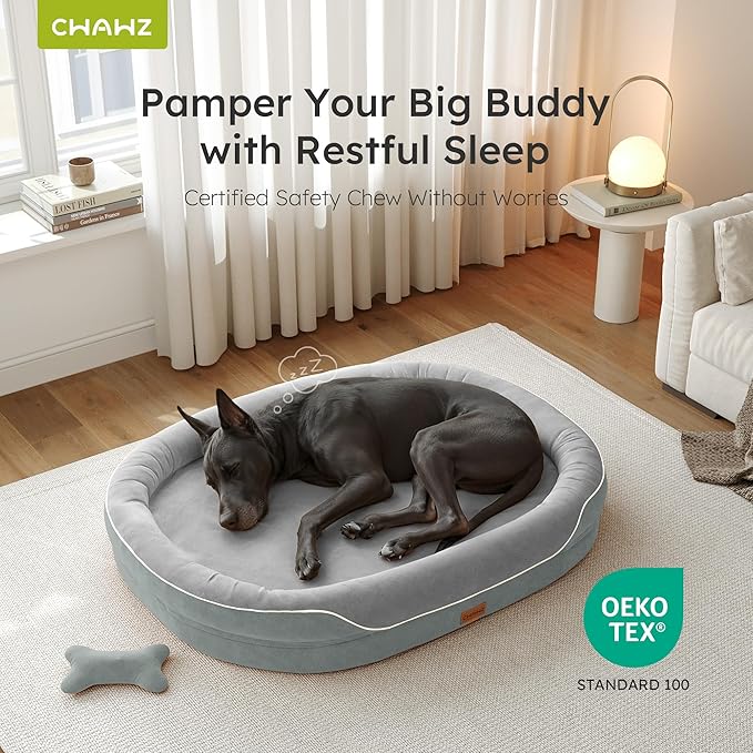 XXL Orthopedic Dog Bed, 53 in. Dog Bed for Large Sized Dogs with Full-Surround Bolsters, Dual-Sided Dog Cooling Beds with Memory Foam, Washable Pet Sofa Couch with Nonslip Bottom, Light Grey